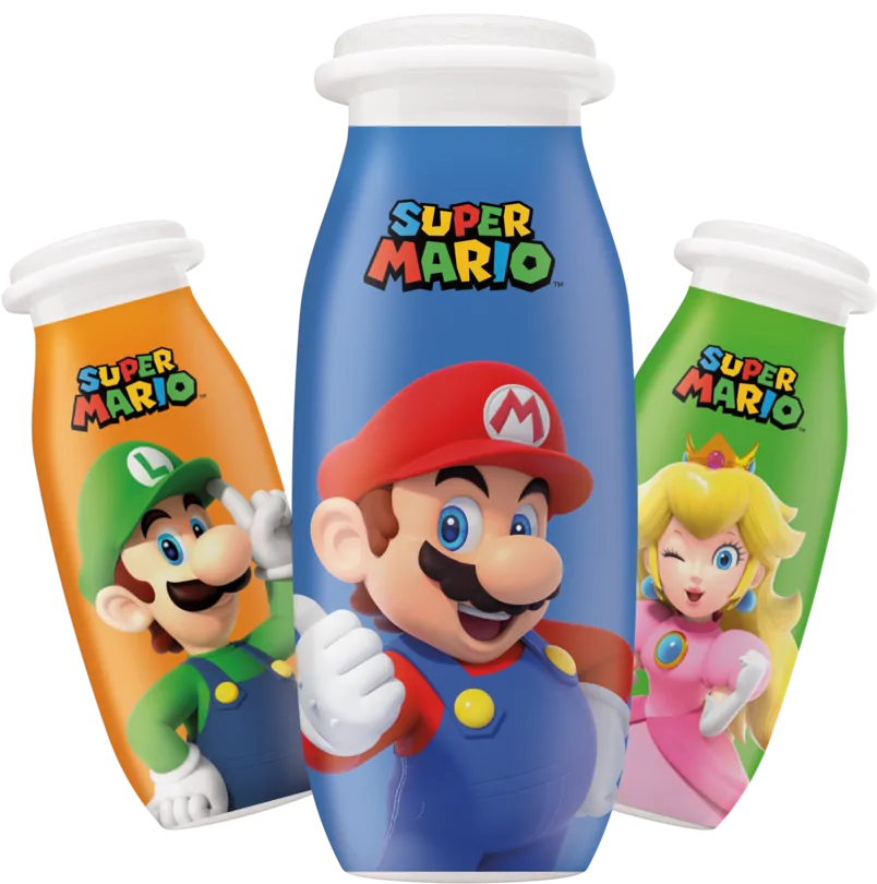 Mario, Luigi and Peach Actimel Kids bottles
